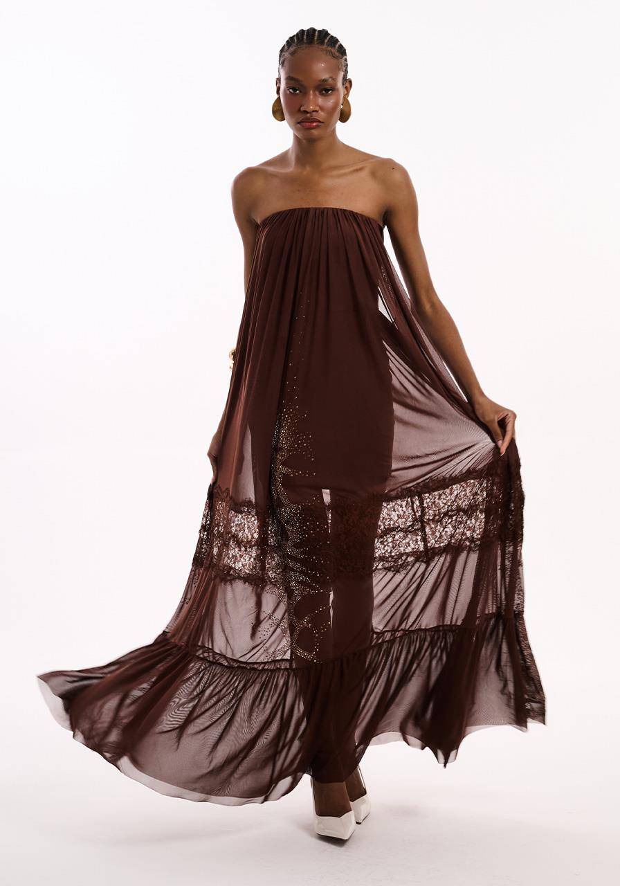 Vestido Tqc Maxi Longo Tule Com Transfer - Marrom VES2189MRO