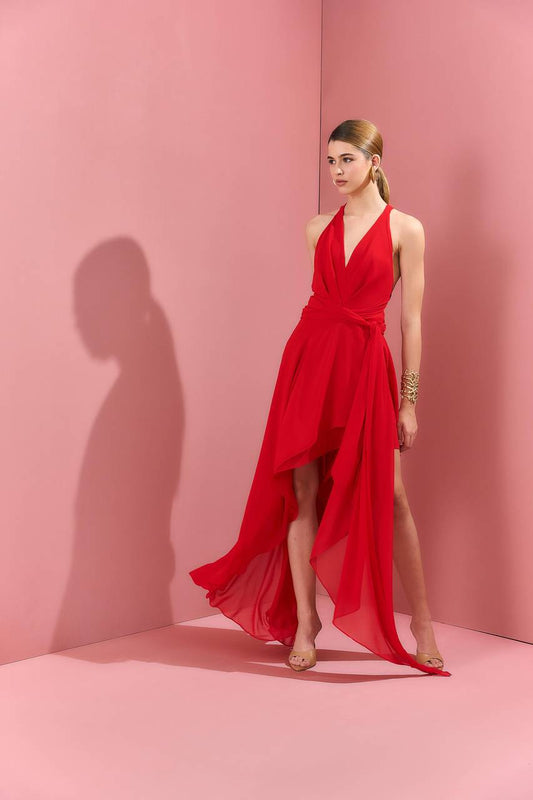 Vestido Assimétrico Maxi Amarração No Pescoço - Vermelho VES0059-VEM
