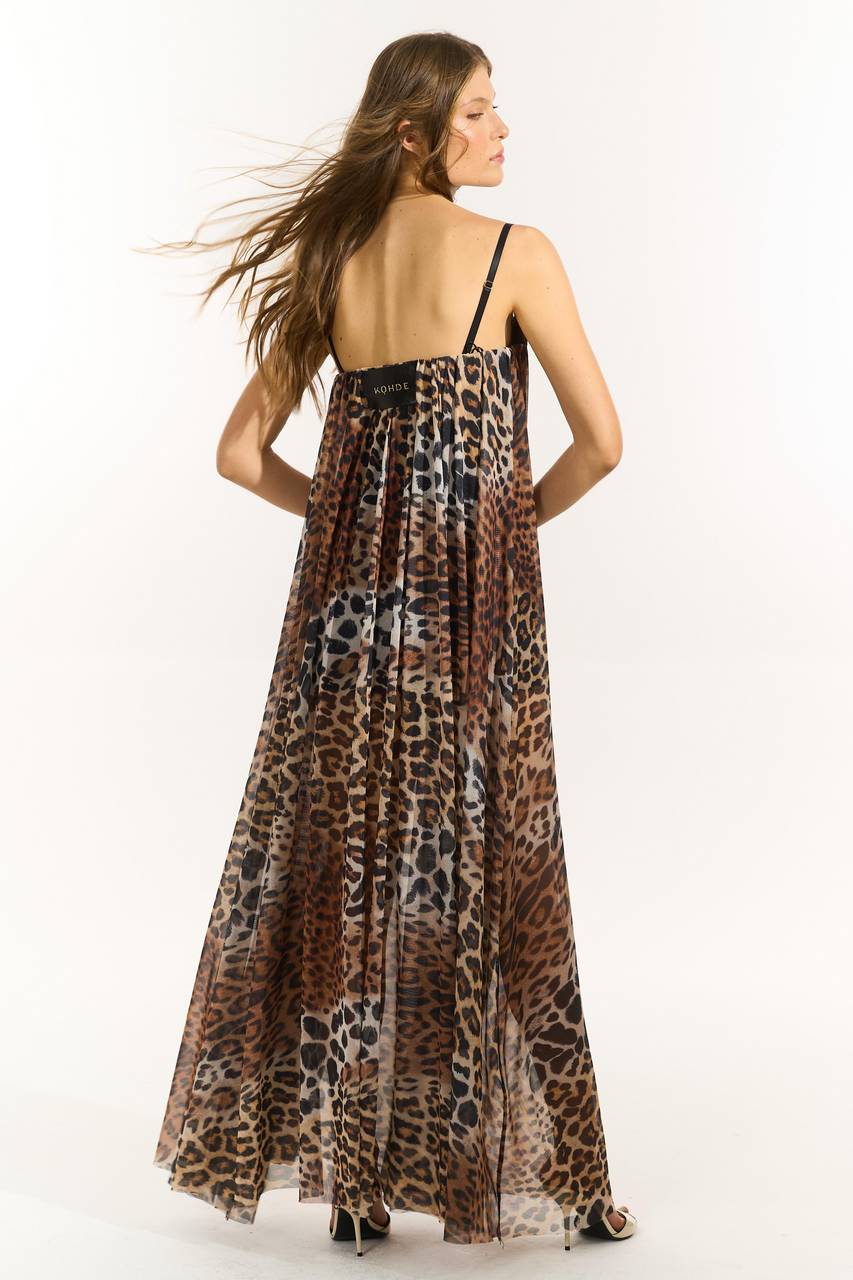 Vestido Longo Tule Estampado - Brown Leopard VES0119BROWL