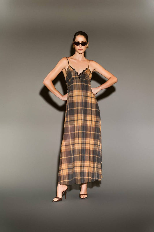 Vestido Todo Drapeado Em Tule - Xadrez Camel VES0079XDZ