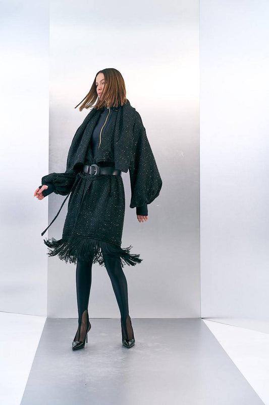 Casaco Vestido Tweed Preto C/ Franjas