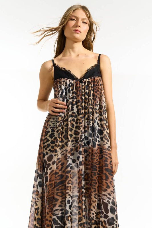 Vestido Longo Tule Estampado - Brown Leopard VES0119BROWL
