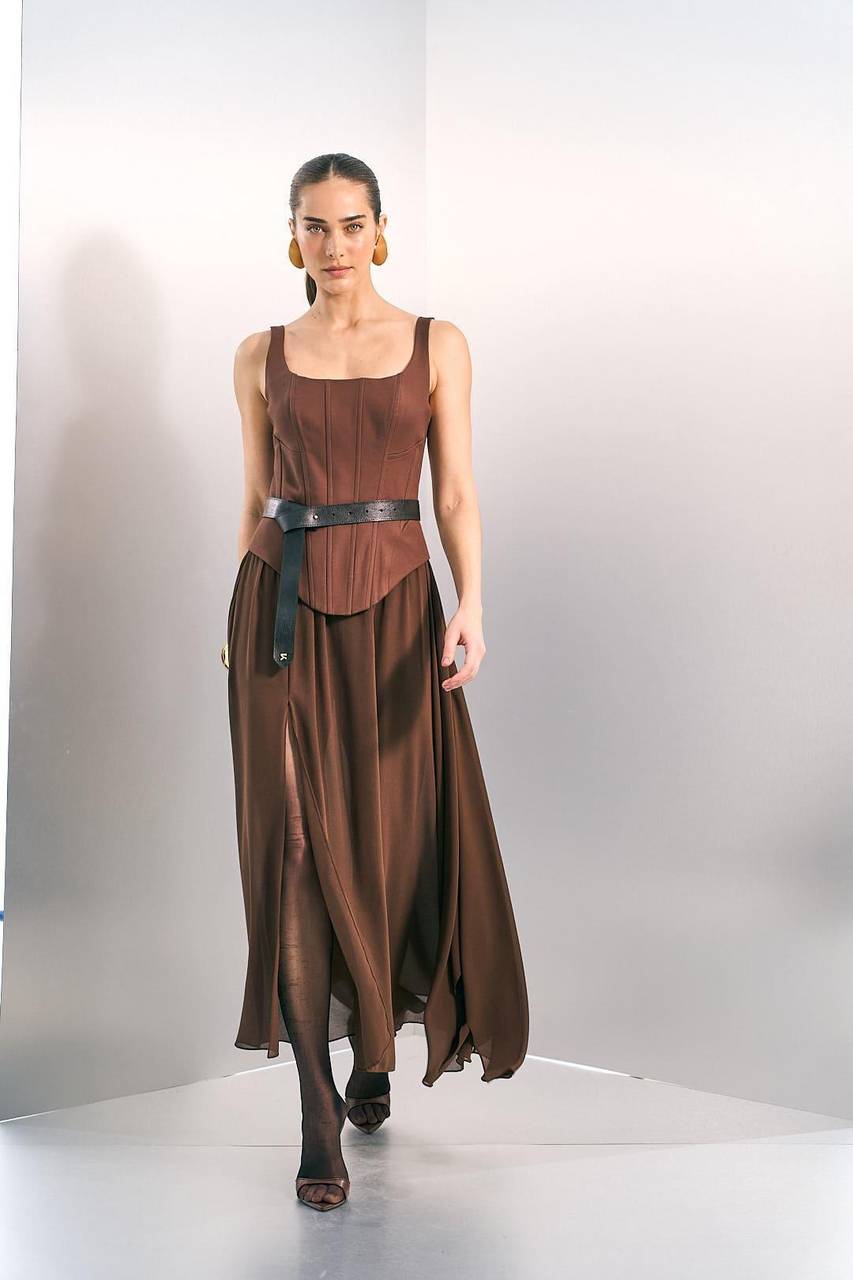 Vestido Corselet Saia Toque De Seda - Marrom VES2077MRO