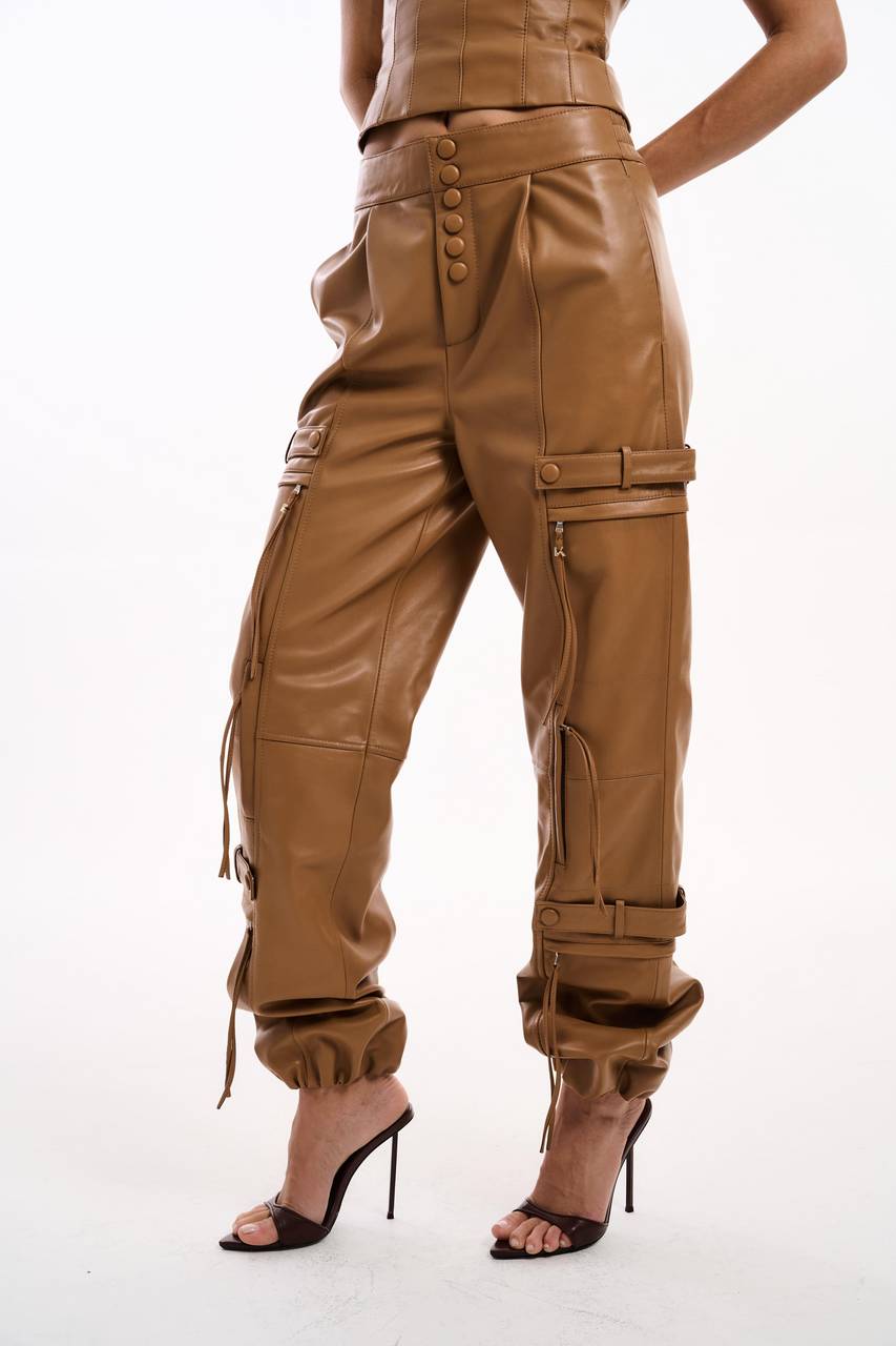 Calça Couro Bolso Tiras - Caramelo CAL2178CAR