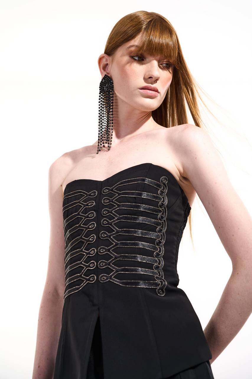 Top Corselet Alfaiataria Aplicações Tiras - Preto TOP0062PTO