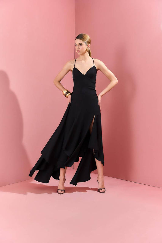 Vestido Alça Longuete Saia Recortes - Preto VES0035PTO