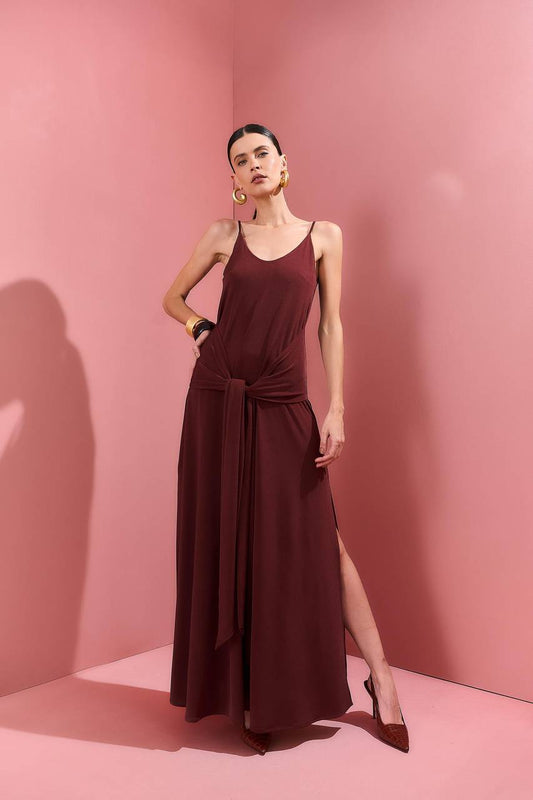 Vestido Longo Jersey Com Amarração - Tobaco VES0042TB