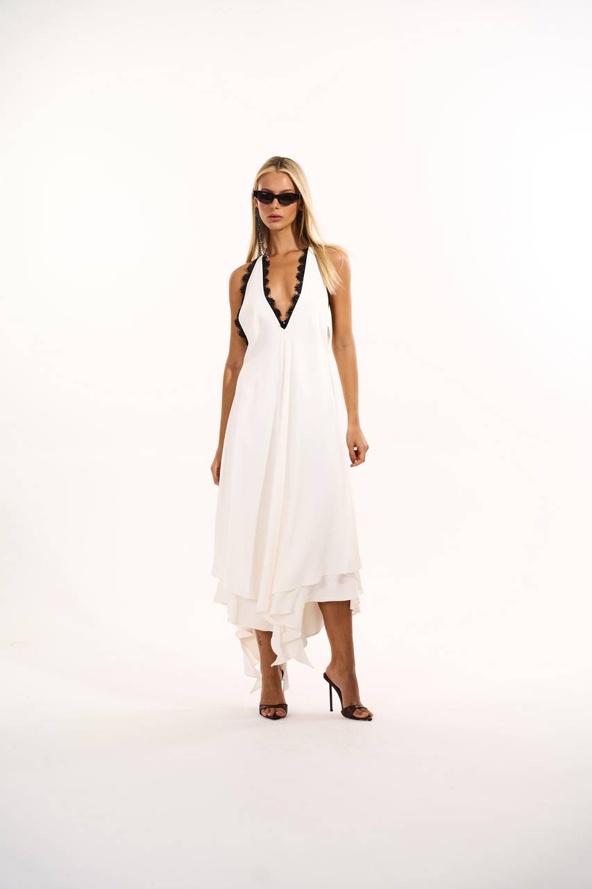 Vestido Decote V Longuete Detalhe Renda - Off White VES0128OFF