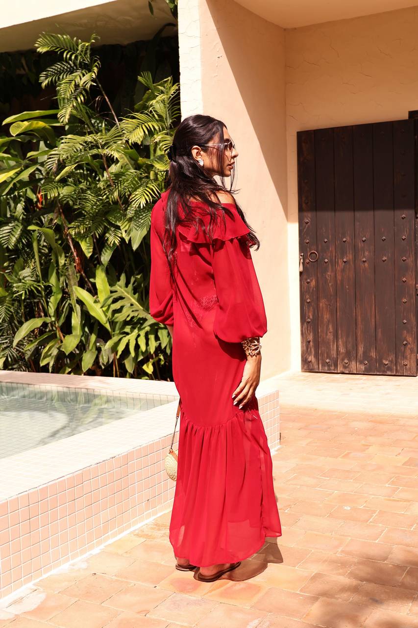 Vestido Chifon Boho Maxi Midi - Vinho VES0001VIN