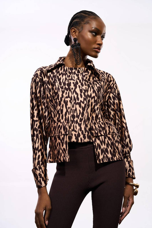 Camisa Com Bolso Na Barra - Animal Print Choco CAM0044ANPRCH