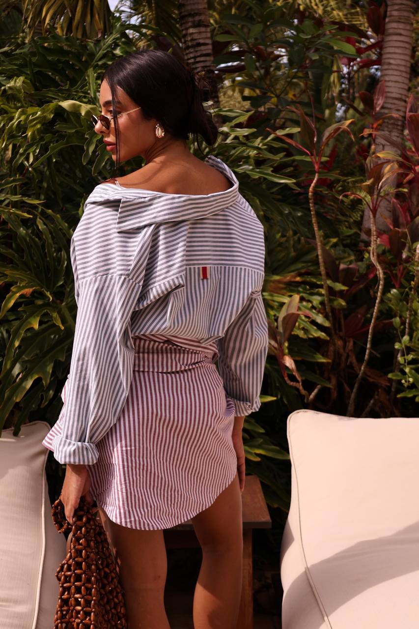 Camisa algodão Listrada Mangas Longas - Branco/marrom CAM0002BR/MRO