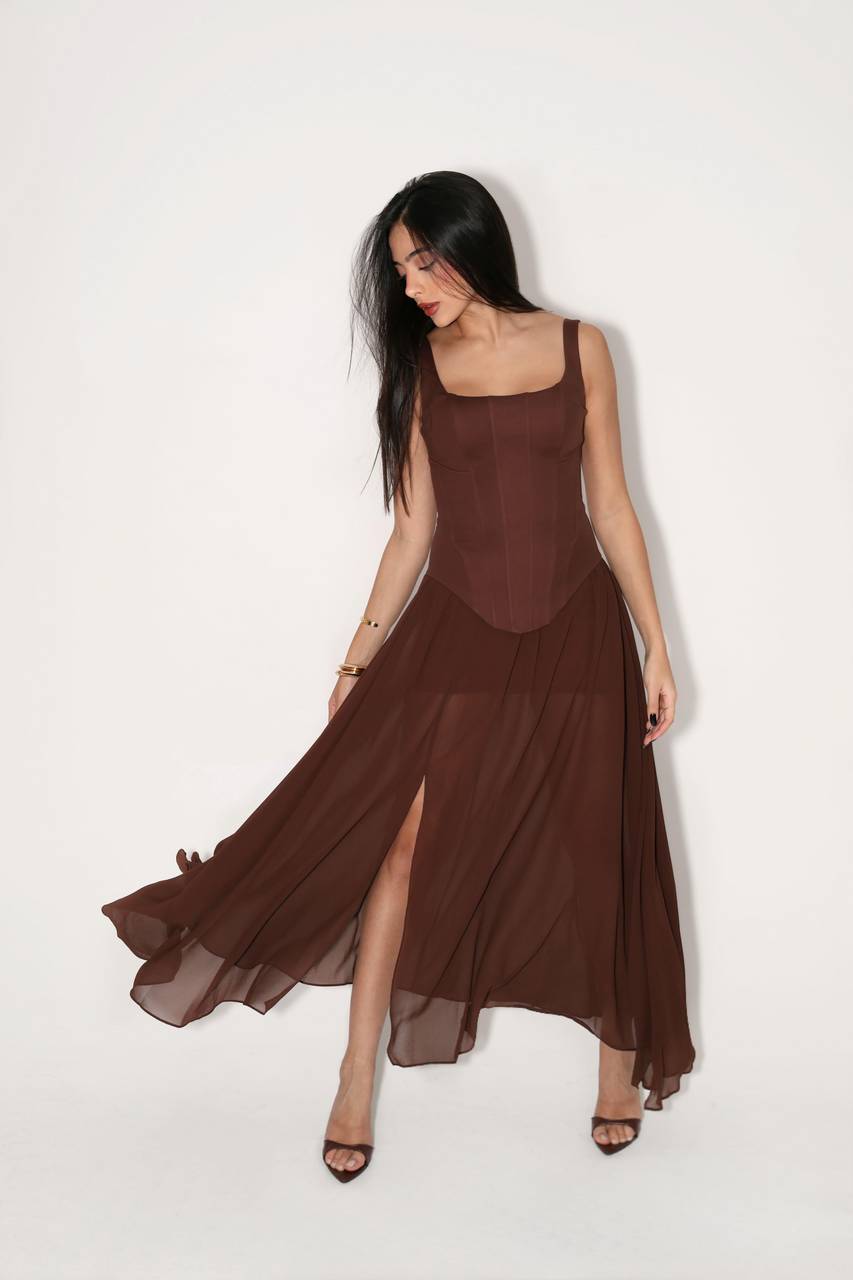 Vestido Corselet Saia Toque De Seda - Marrom VES2077MRO