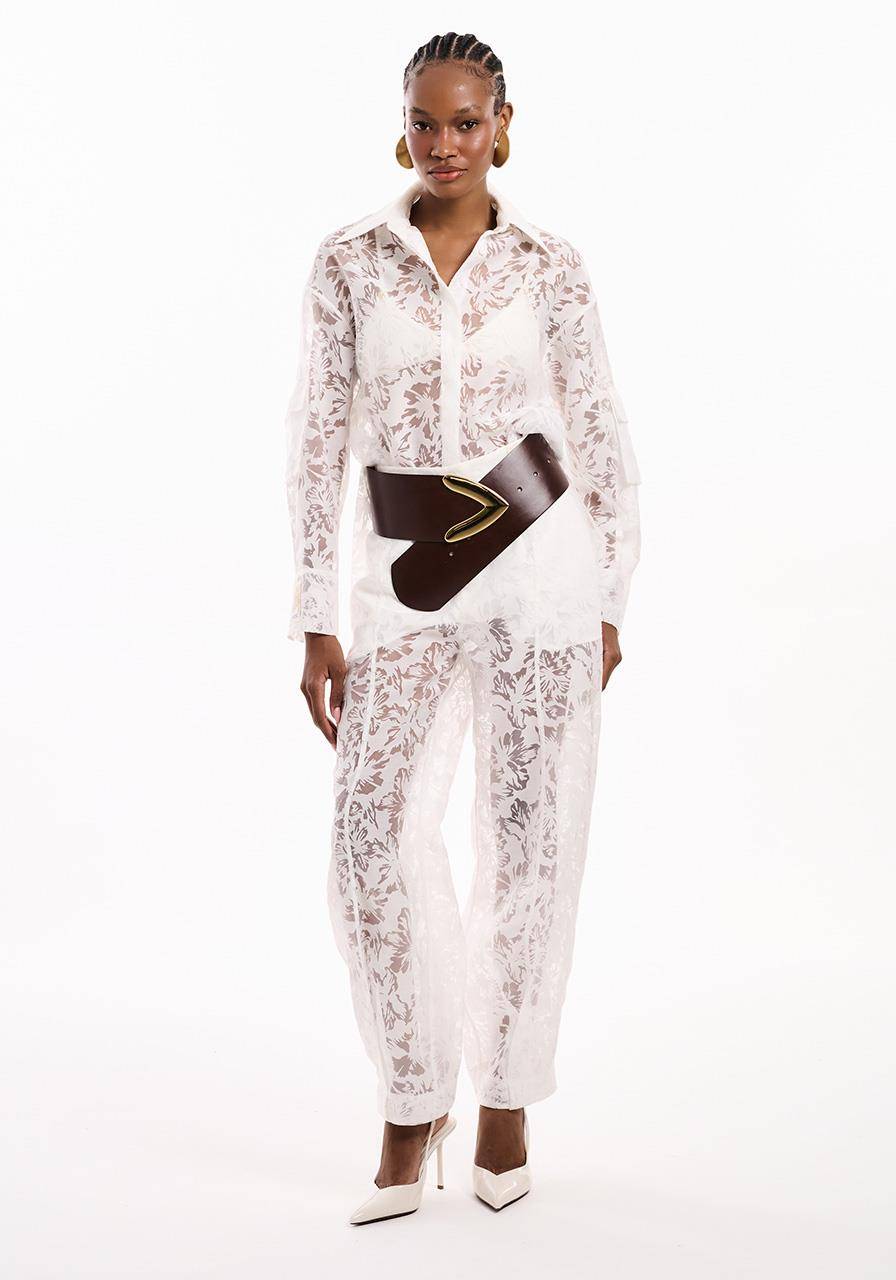 Calça Slouchy Prega Organza Devorê - Off White CAL2129OFF