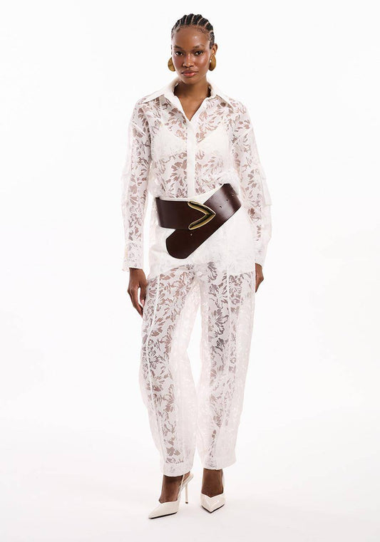 Calça Slouchy Prega Organza Devorê - Off White