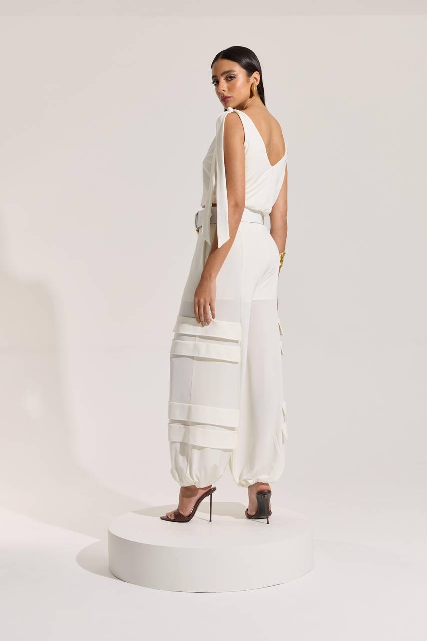 Conjunto Blusa Cropped E Calça Cargo Em Jersey - Off White CJT0034OFF