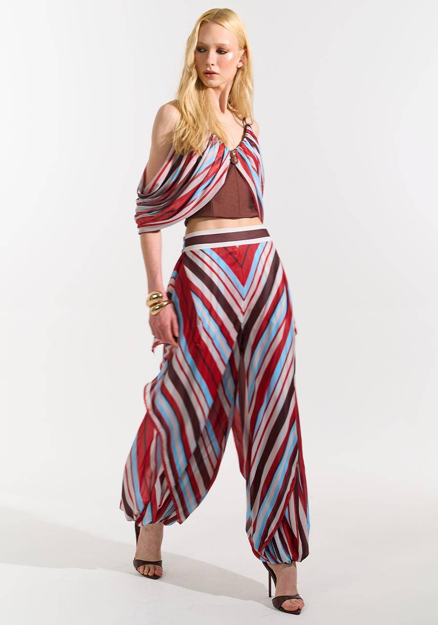 Calça Estampada Com Sobreposição - Red Stripe CAL0220RED STRIPE