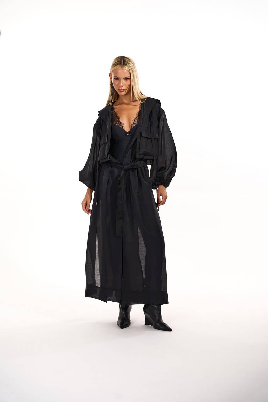 Casaco Trench Coat C/ Capuz Leve Transparência - Preto CAS0017PTO