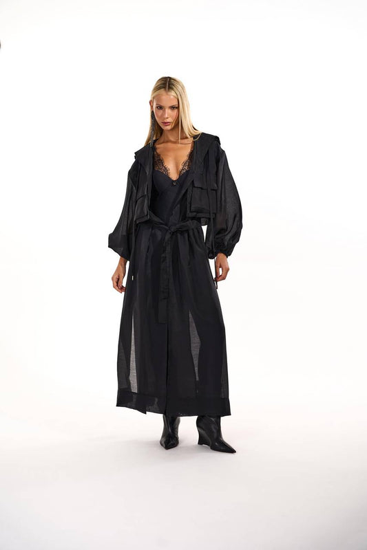 Casaco Trench Coat C/ Capuz Leve Transparência - Preto CAS0017PTO
