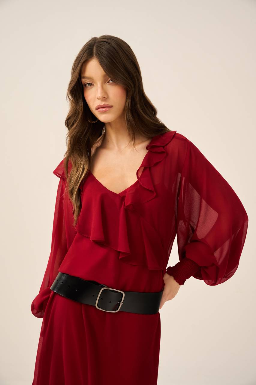 Vestido Chifon Boho Maxi Midi - Vinho VES0001VIN