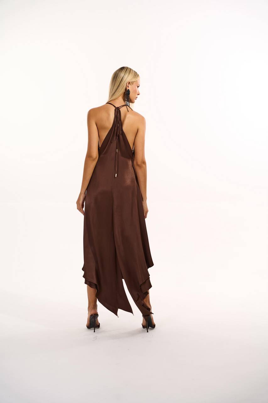 Vestido Decote V Longuete Detalhe Renda - Marrom VES0128MRO