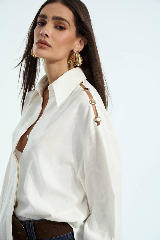 Camisa Linho Transparência Detalhe Metal - Off White CAM0012