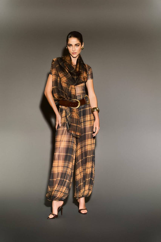 Calça Aladim Com Detalhe No Cós - Xadrez Camel CAL0102XDZ