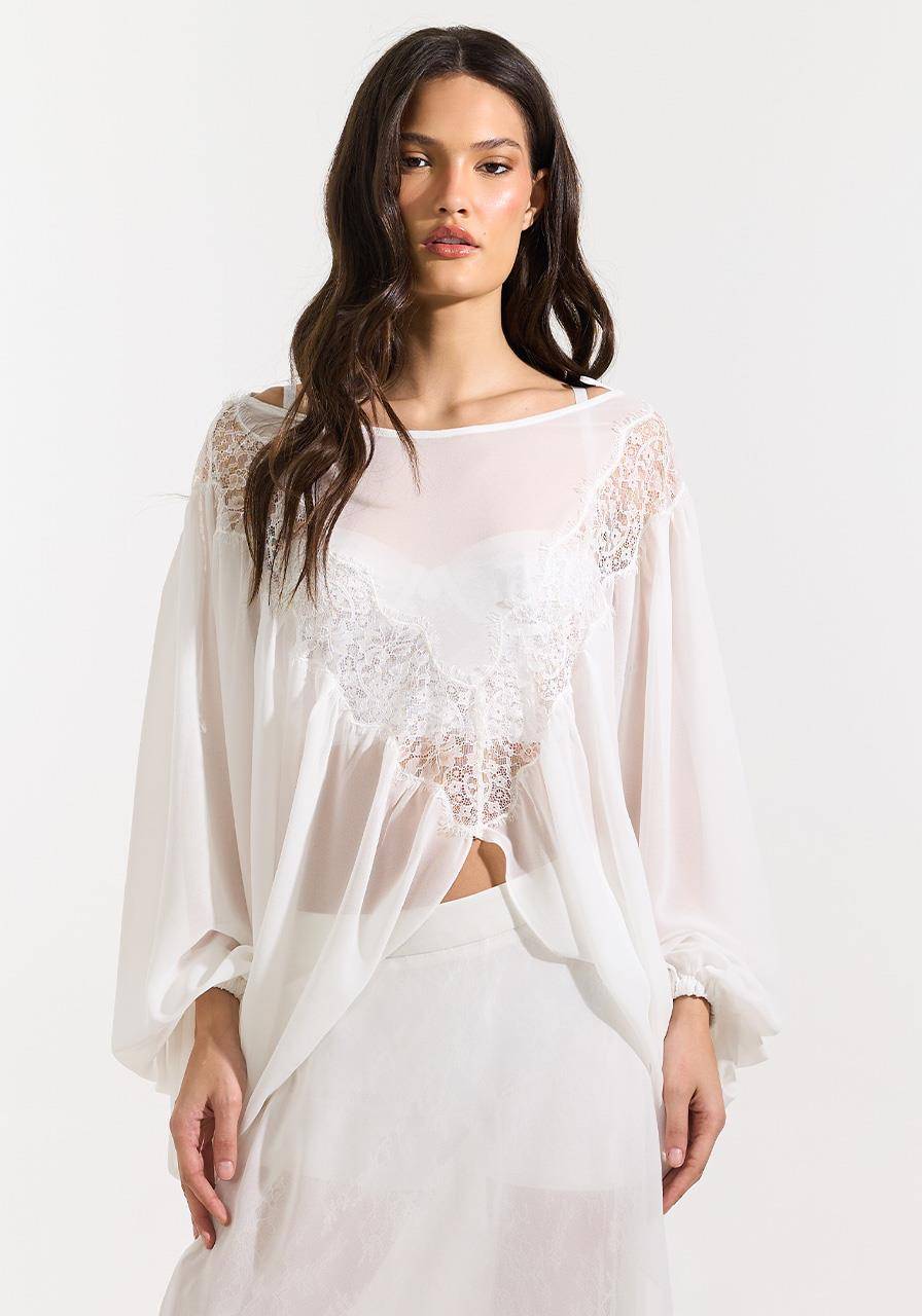 Blusa Manga Ampla Detalhe Renda - Off White BLU0154OFF