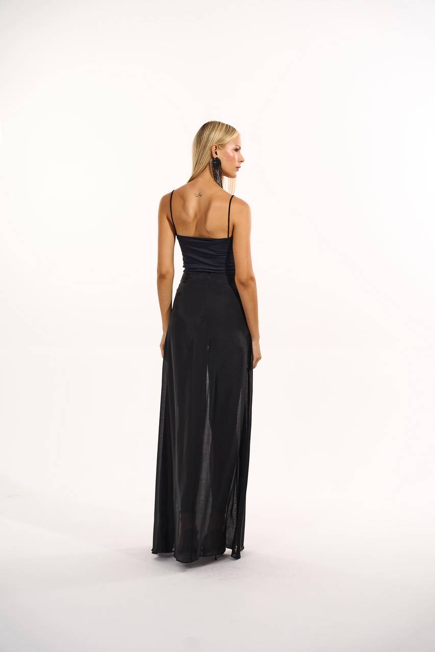 Saia Maxi Midi Leve Transparência Com Bolso Cargo - Preto SAI0053PTO