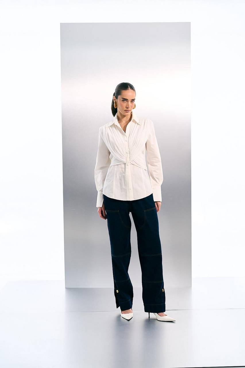 Camisa Algodão Com Drapeado De Tule - Off White CAM2028OFF