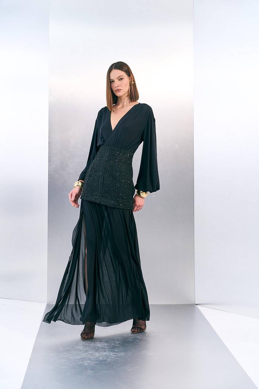 Vestido Longo Tweed Saia Tule - Preto