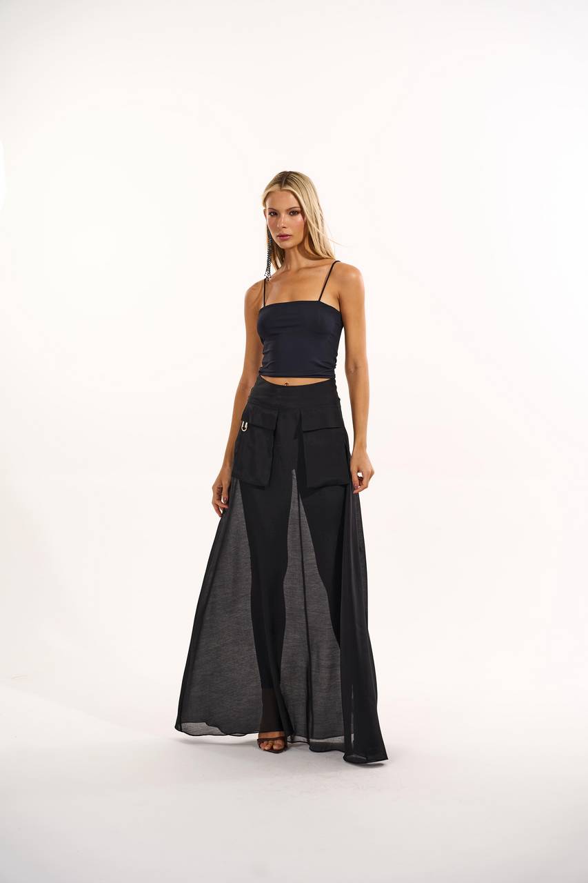 Saia Maxi Midi Leve Transparência Com Bolso Cargo - Preto SAI0053PTO