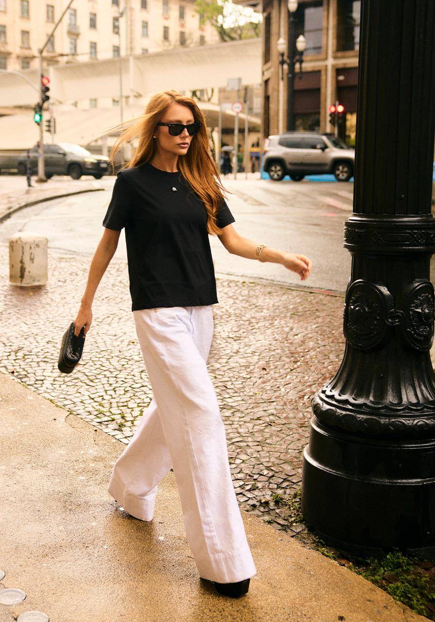 Calça Sarja Renda Recorte Lateral - Branco CAL0245BRA