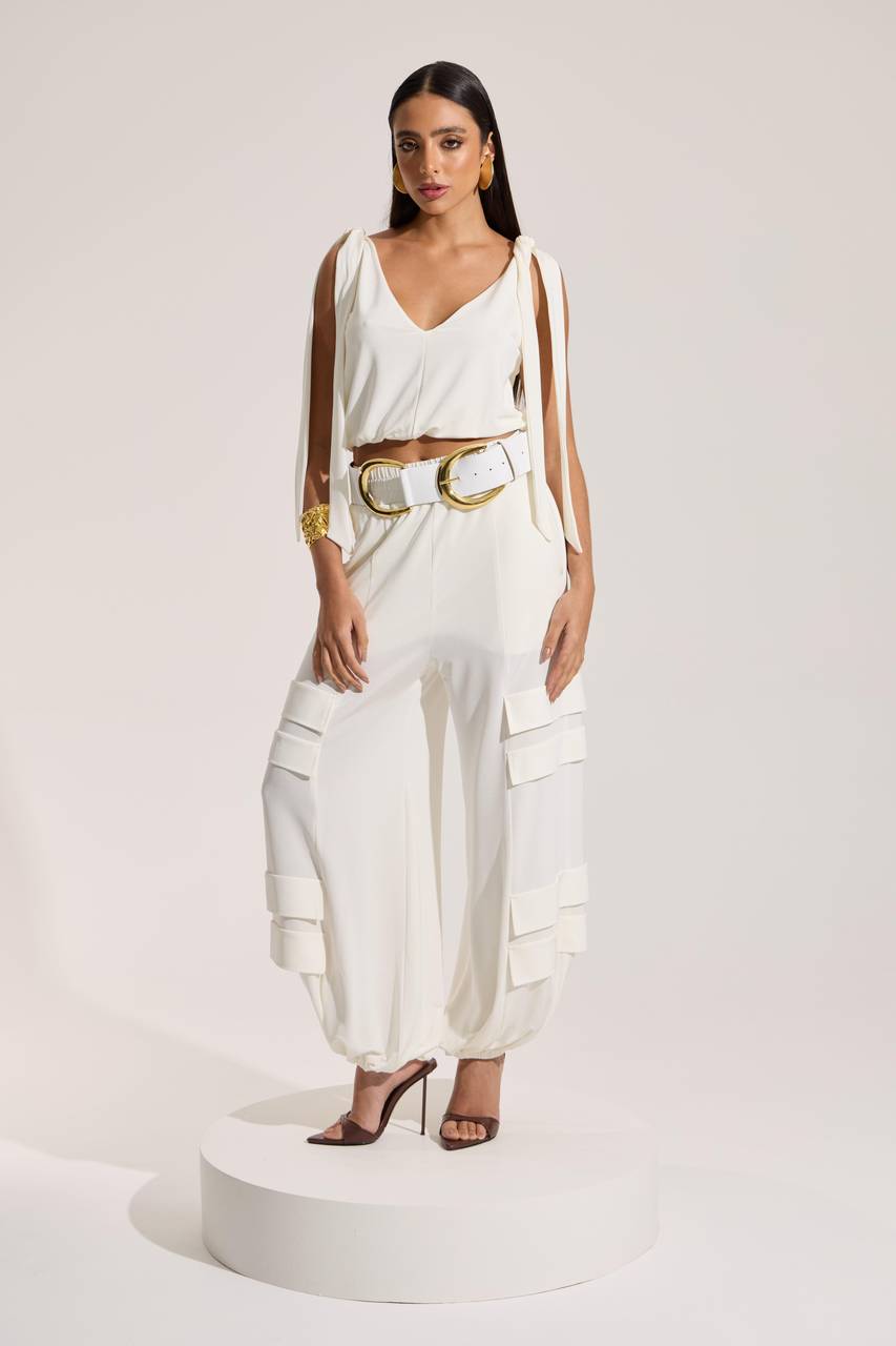 Conjunto Blusa Cropped E Calça Cargo Em Jersey - Off White CJT0034OFF