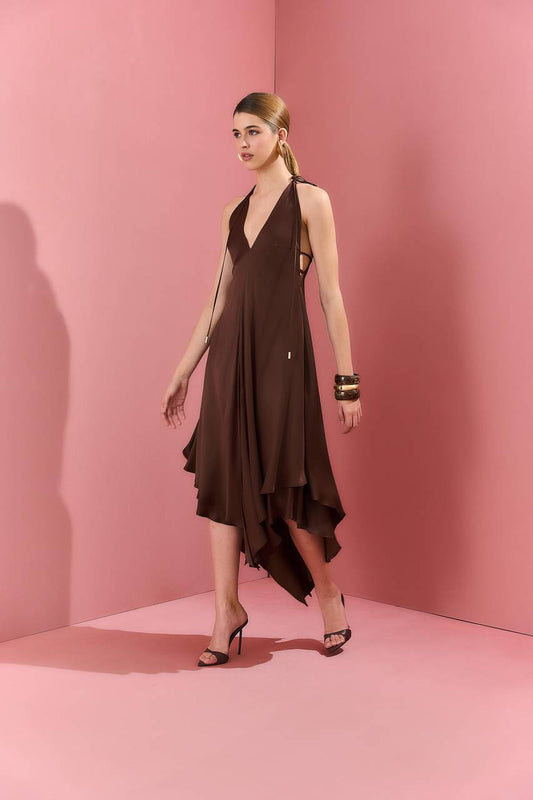 Vestido Decote V Longuete C/ Pontas - Marrom VES0048MRO