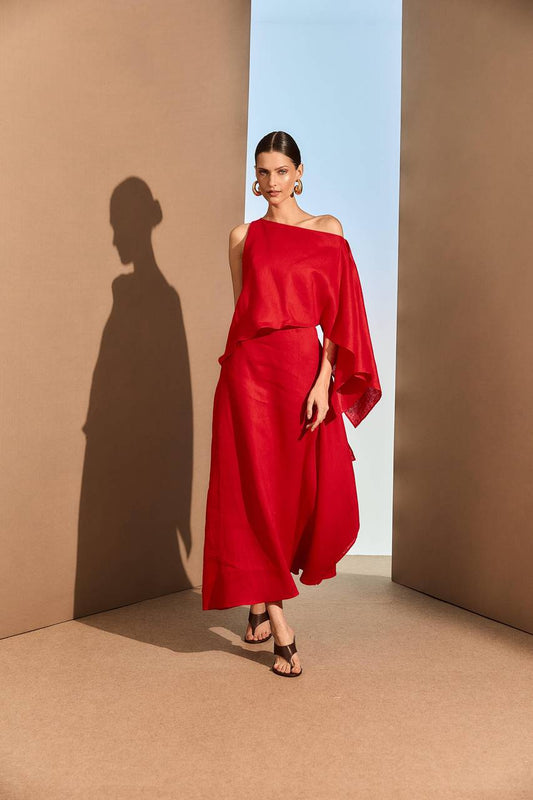 Vestido Midi Linho Assimétrico - Vermelho VES0040-VEM