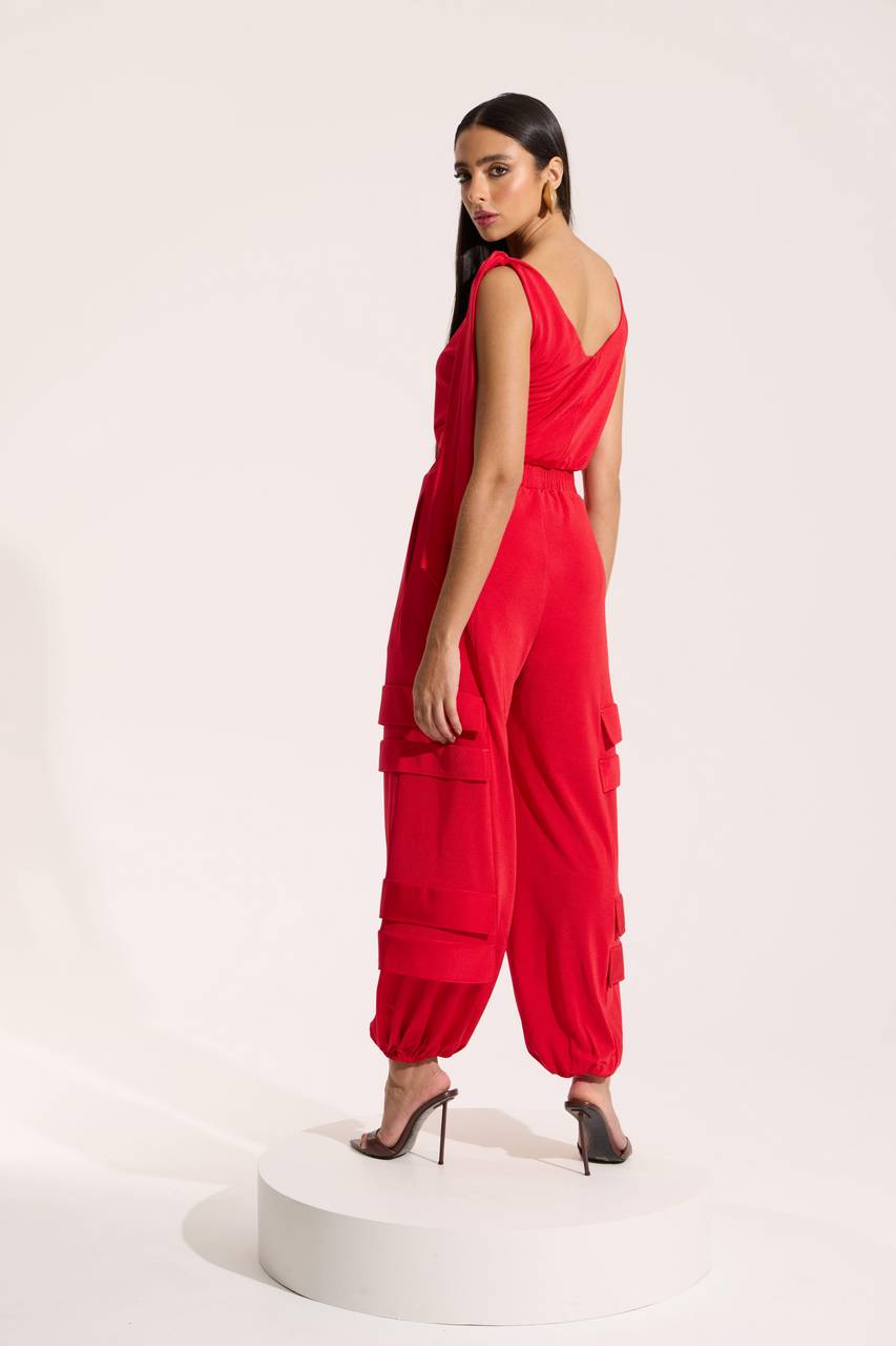 Conjunto Blusa Cropped E Calça Cargo Em Jersey - Vermelho CJT0034-VEM