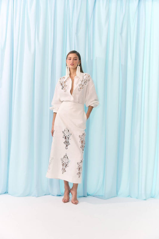 Saia Linho Com Aplicações Guippir - Off White SAI2001