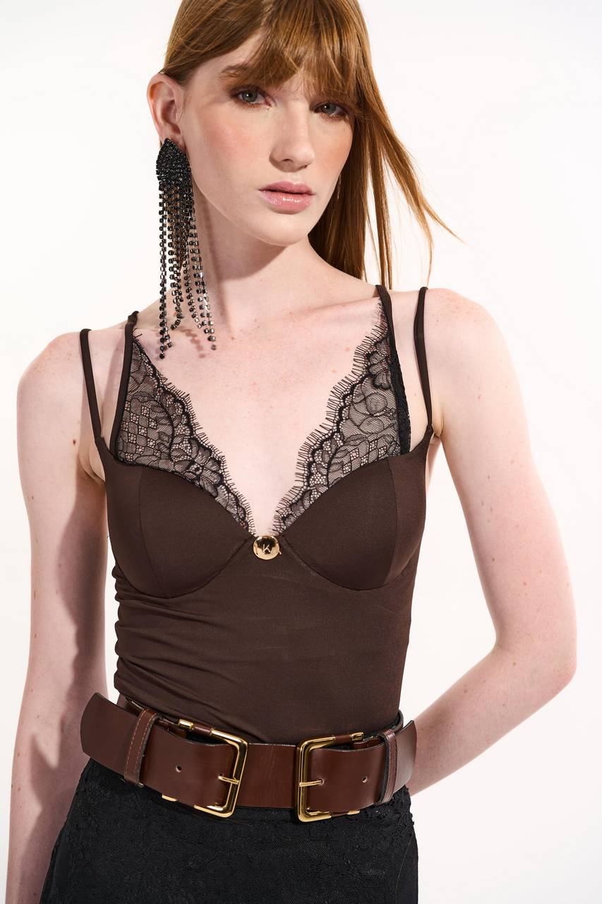 Blusa Bojo Lycra Fit Com Renda - Marrom BLU0166MRO