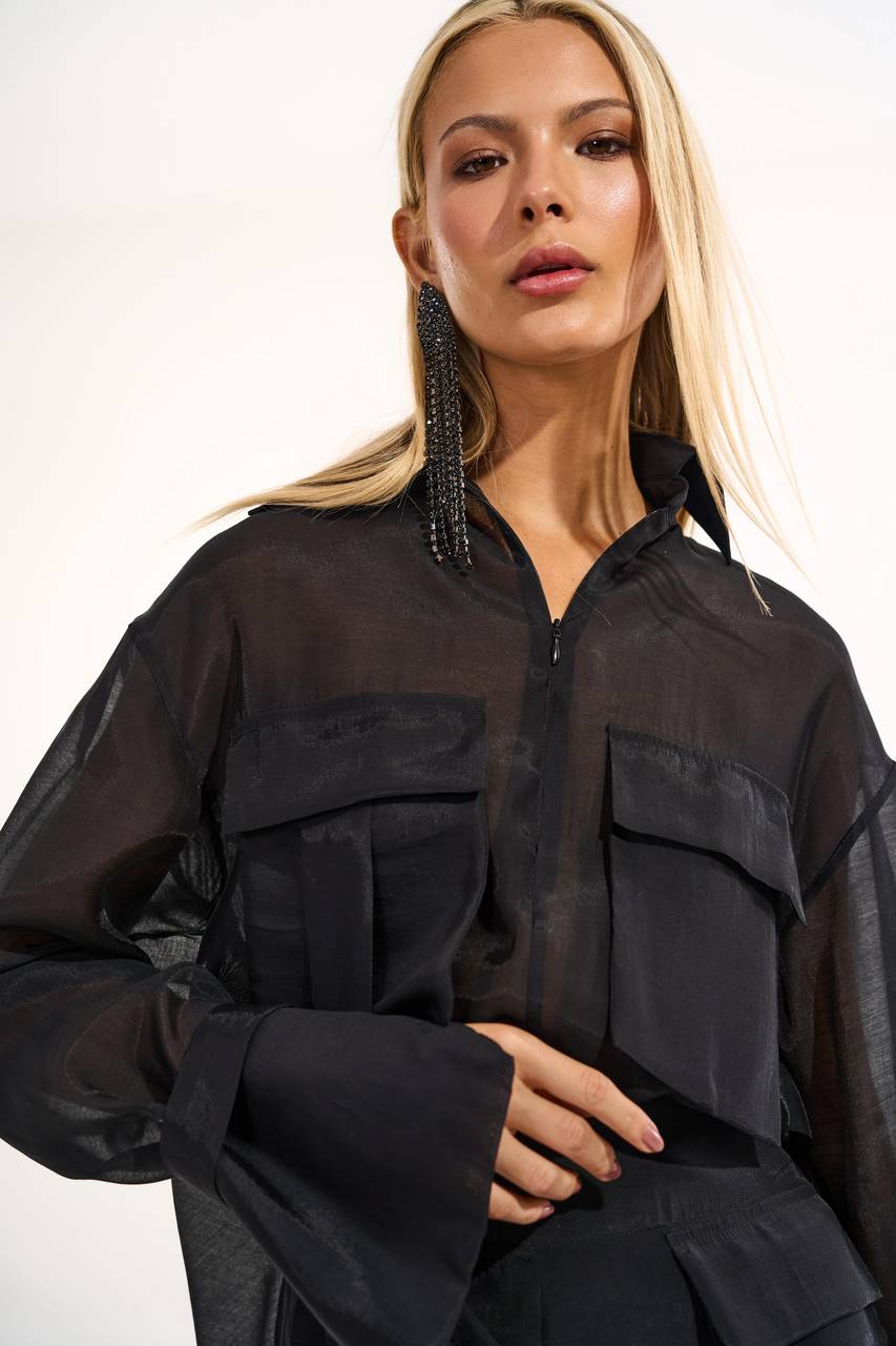 Camisa Leve Transparência Bolso Cargo - Preto CAM0046PTO