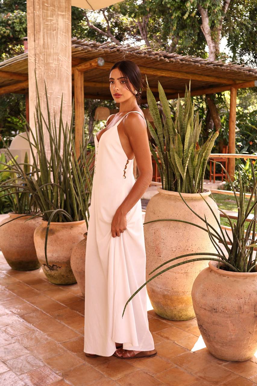 Vestido Longuete Alça Com Transparência Metal - Off White ves0017