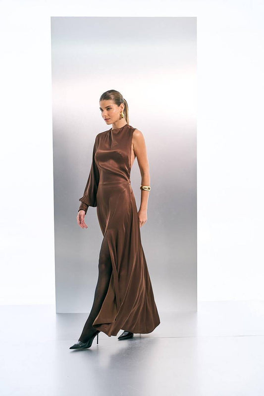 Vestido Maxi Midi Fenda Acetinado - Marrom VES2101MRO