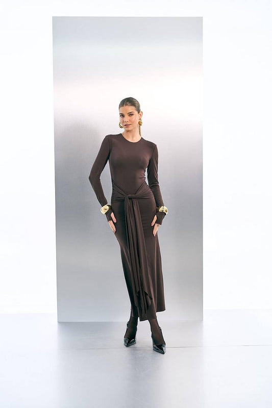 Vestido Longo Amarração Na Cintura - Marrom
