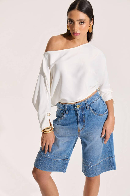 Blusa Manga Farta Decote V Costas - Off White BLU0061OFF