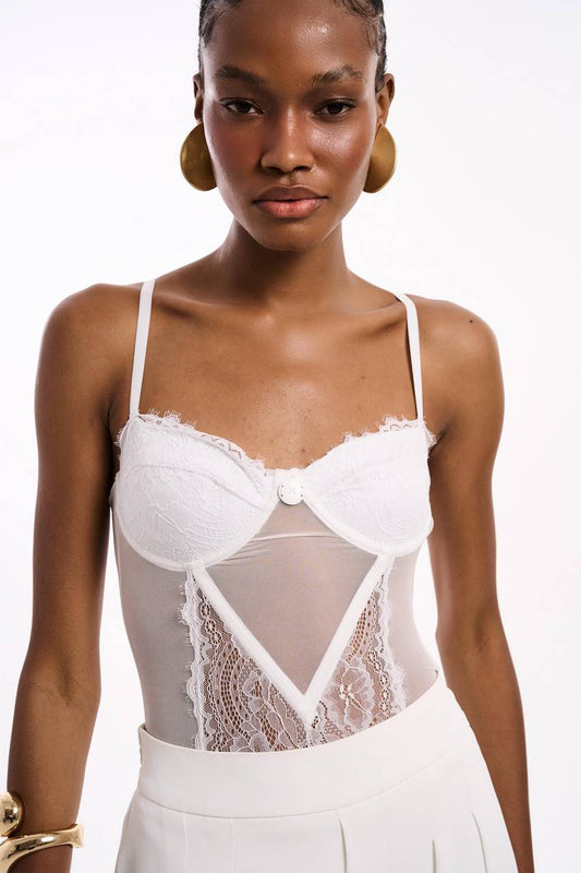 Body Corselet Renda Detalhe Em Tule - Off White
