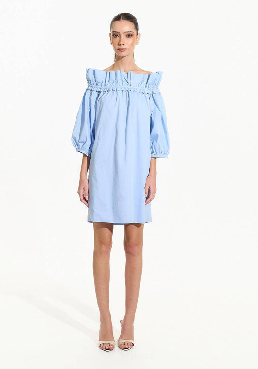 Vestido Curto Algodão Ombro A Ombro - Azul Claro