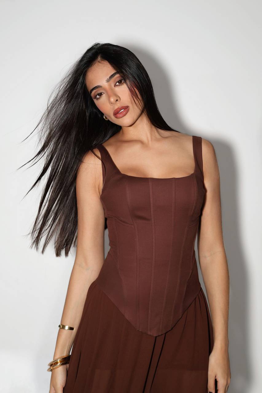 Vestido Corselet Saia Toque De Seda - Marrom VES2077MRO
