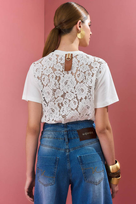 T Shirt Costas Em Renda - Off White BLU0072OFF