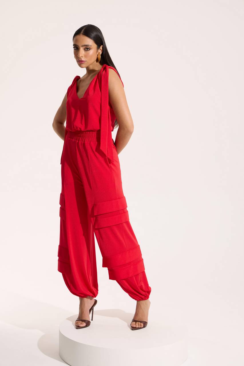 Conjunto Blusa Cropped E Calça Cargo Em Jersey - Vermelho CJT0034-VEM