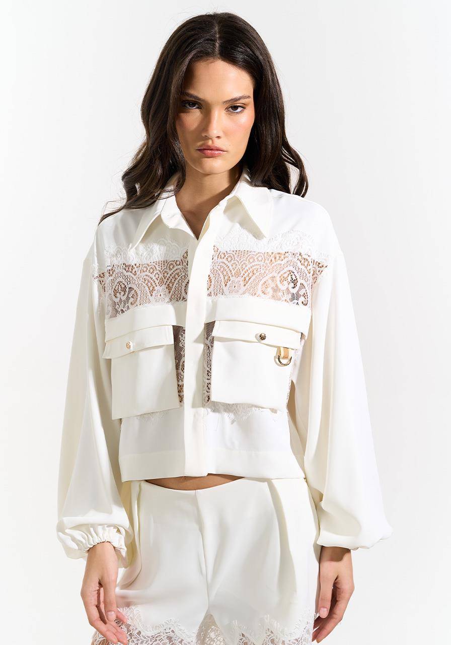 Camisa Manga Longa Com Renda - Off White CAM0056OFF