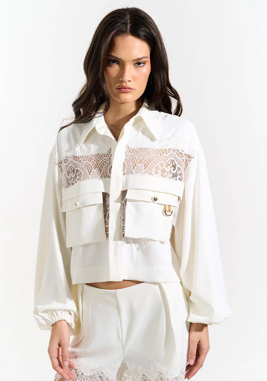 Camisa Manga Longa Com Renda - Off White CAM0056OFF